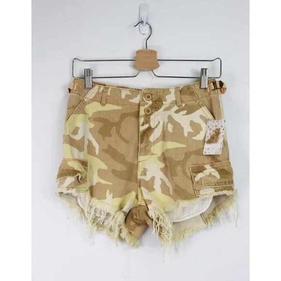 NWT Free People Commander Cut Off Desert Camo Denim Jean Short Tan Camouflage 0